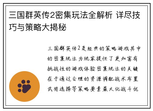 三国群英传2密集玩法全解析 详尽技巧与策略大揭秘
